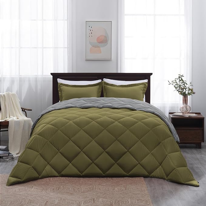 Basic Beyond King Size Comforter Set - Olive Green Comforter Set King, Reversible King Bed Comforter Set for All Seasons, 1 Comforter (104"x92") and 2 Pillow Shams (20"x36"+2")