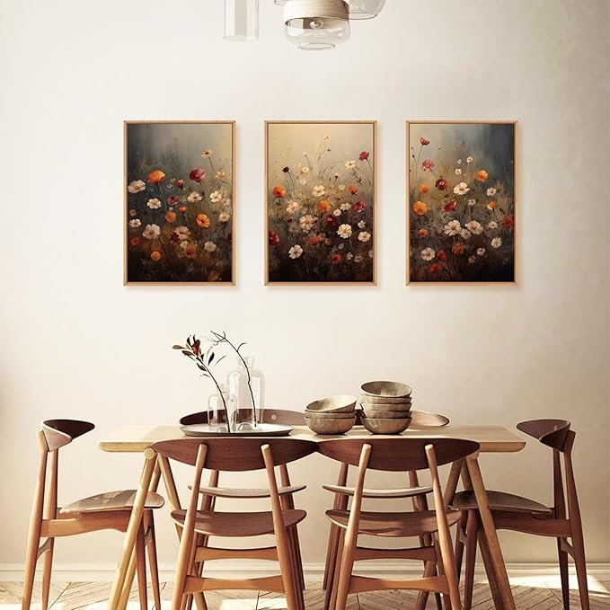 KAIRNE Vintage Wildflower Wall Art Set of 3, Boho Watercolor Botanical Framed Canvas Prints, Rustic Colorful Floral Decor for Living Room, Bedroom, Farmhouse 16x24 inch