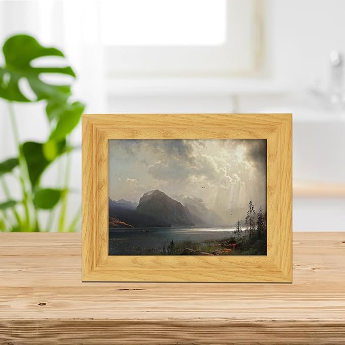 Brivoria Framed Canvas Wall Art Vintage Decor, Romantic Mountain Lake Scene with Stormy Sky Canoes Sunlight Rays and Birds for Bedroom Entryway Shelf Display or Tabletop Decoration, 8"x10"