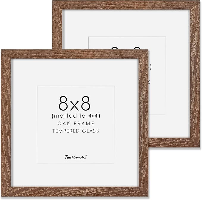 Rustic Wood 8x8 Picture Frame, Solid Oak Wood Frame 8 by 8, 8 x 8 Square Photo Frame with Tempered Real Glass, 8"x8" Picture Frame Matted to 4"x4", Squre Wood Picture Frames, Walnut Color, Set of 2