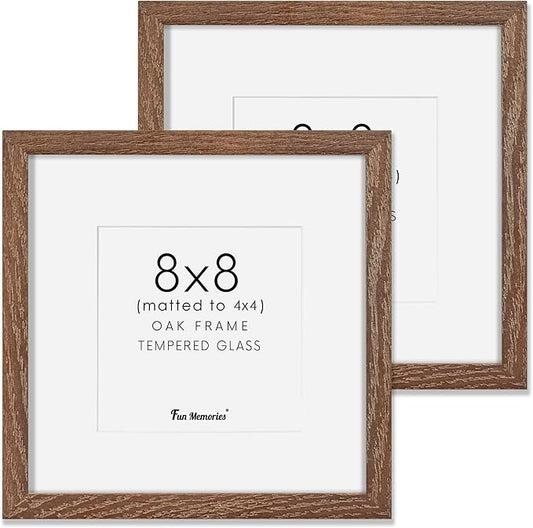 Rustic Wood 8x8 Picture Frame, Solid Oak Wood Frame 8 by 8, 8 x 8 Square Photo Frame with Tempered Real Glass, 8"x8" Picture Frame Matted to 4"x4", Squre Wood Picture Frames, Walnut Color, Set of 2