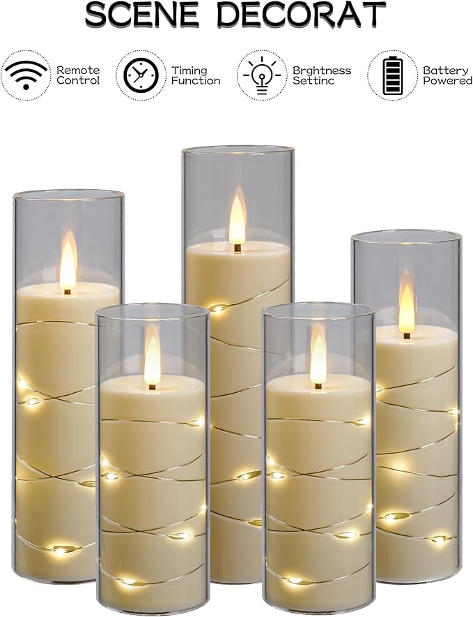 Da by Flickering Flameless Candle with Embedded Star String ，Acrylic LED Pillar Candles with 11-Key Remote Control and Timer，Battery Operated Candles, Ivory, Set of 5(D2.3×H5“/5“/ 6”/7“/8”)