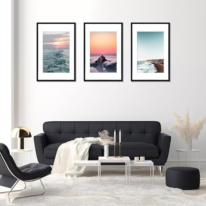 Vittanly 16x24 Picture Frame with Plexiglass - Large Black Poster Frame for Wall Display - Includes 12x18 Mat, Made of Durable PVC Design - 3 Pack