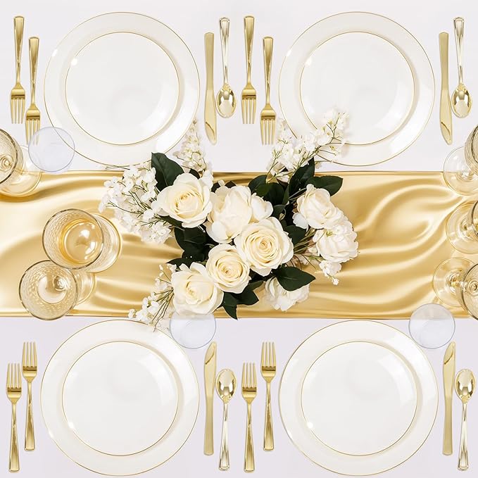 Nervure 100Pcs Ivory and Gold Plastic Plates - 10.25inch Disposable Ivory Dinner Plates - Heavy Duty Plastic Plate Ideal for Wedding & Party & Thanksgiving