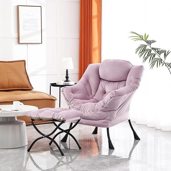 Lazy Chair with Ottoman, Modern Chair with Folding Footrest, Lounge Accent Chair, Comfortable Reading Chair (Velvet Light Purple)