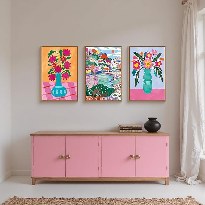 HOURIA Colorful Flower Field Landscape Framed Canvas Wall Art Set,Abstract Pink Floral Vase Wall Decor,Natural Botanical Tree Artwork,Modern Sunrise Art Prints for Living Room,Farmhouse-16 x24 x3