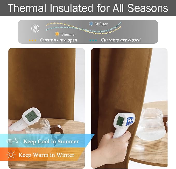 StangH 100% Blackout Velvet Curtains for Living Room Bedroom Gold Brown Window Drapes for Fall Decor Thermal Insulated Hook Belt Back Tab Liner Curtains, W52 x L96, 2 Panels