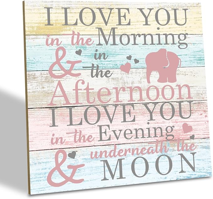 Love Sign, Wood Plaque Table Art Sign 6.2 * 6.2inch, Elephant Wood Sign for Nursery, Decoration for Baby Girls Room, Daughter's Room Decor, I Love You in the Morning Afternoon Evening & Moon A