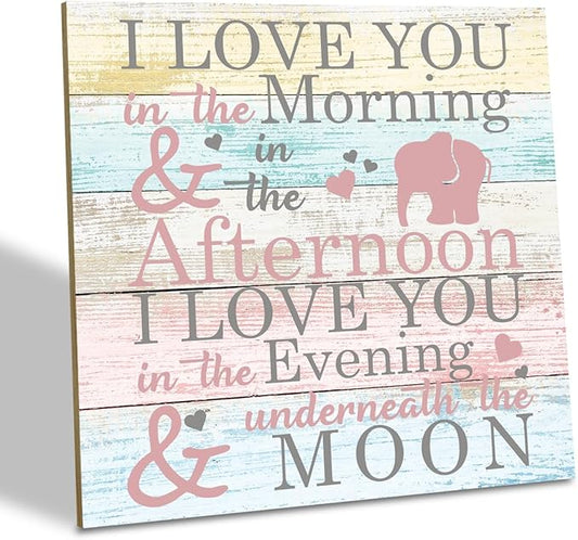 Love Sign, Wood Plaque Table Art Sign 6.2 * 6.2inch, Elephant Wood Sign for Nursery, Decoration for Baby Girls Room, Daughter's Room Decor, I Love You in the Morning Afternoon Evening & Moon A