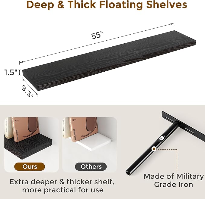 Fun Memories Floating Shelves 55 Inch Set of 2, Black 55 x 9.3 Wall Shelves for Home Decor Storage, Rustic Wood Floating Shelf for Wall, 9.3 Inch Deep Shelving for Bathroom, Living Room, Kitchen