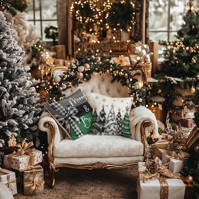 GEEORY Christmas Throw Pillow Covers 20 x 20 Inch Set of 4, Xmas Trees Merry and Bright Happy Holidays Farmhouse Decorative Cushion Cases for Home Decoration G584-20