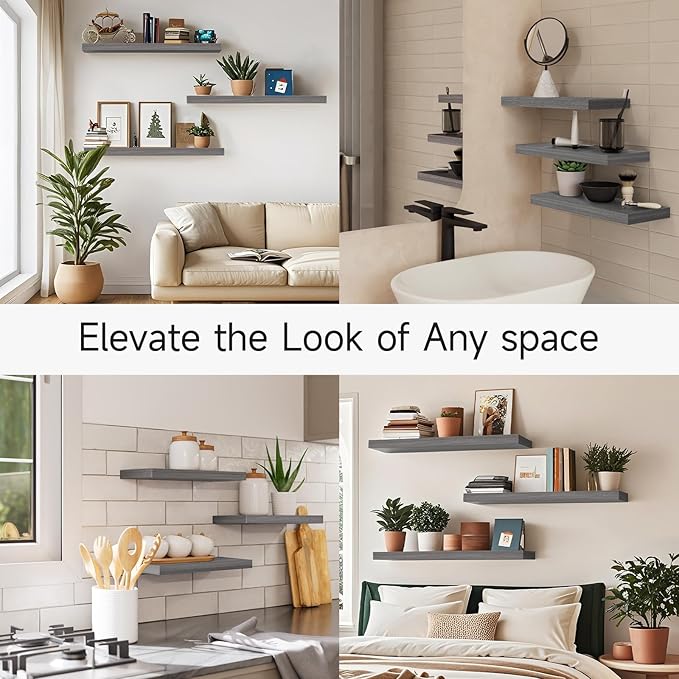 BAYKA Floating Shelves for Wall, 22.5 inches Wall Mounted Rustic Wood Shelves for Bathroom, Bedroom, Living Room, Floating Shelves for Books/Storage/Decor (Grey,Set of 3)