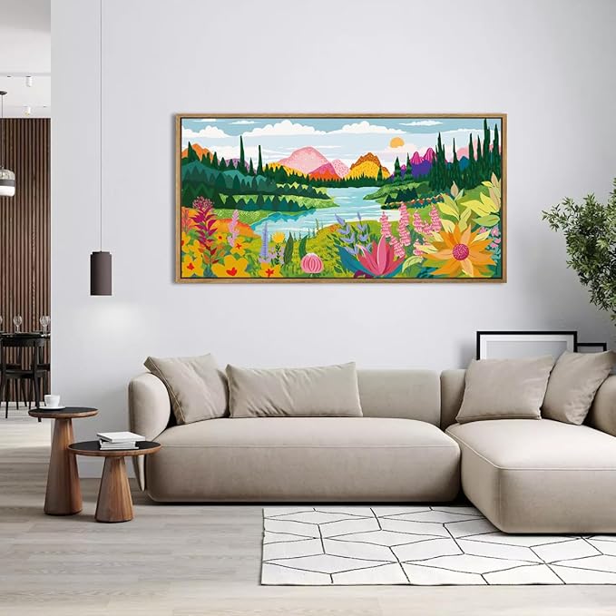 ANHUIB Large Colorful Wall Art 20x40 Inch Framed Abstract Floral Wall Decor Forest Woodland Painting Muticolor Mountain Range Illustration for Living Room Dining Room Bedroom