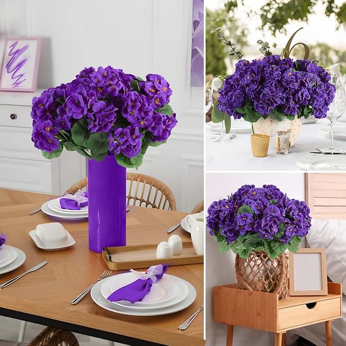 Hananona 12 Pcs Artificial Geranium Flowers for Outdoors Silk Purple Geranium Flowers Outdoor UV Resistant Plants Faux Flower for Home Kitchen Table Centerpieces Front Door Patio Decor (12, Purple)