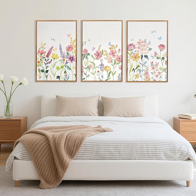 CHDITB Watercolor Floral Framed Wall Art, Colorful Botanical Flowers Wall Decor, Pastel Flower Artwork Minimalist Wildflower Painting, Modern home Art Prints for Living Room, Bedroom, Office 24"x36"x3