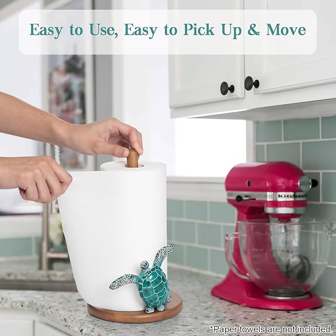 Turtle Paper Towel Holder - Coastal Decor for Home Ocean Decor Beach House Beachy Themed, Sea Turtle Gifts for Women, Cute Decorative Paper Towel Holder Stand Countertop Kitchen Nautical Teal Wood