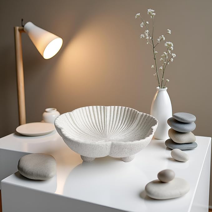 Large Decorative Bowl decor, Scalloped Pedestal Bowls for Modern Home Decor,Ruffle Decor,Stylish Key Bowl for Entry Table,Decorative Fruit Bowl for Kitchen Counter, Light Gray