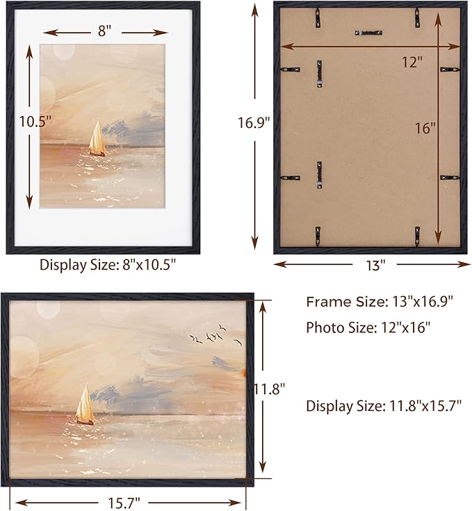 Black Picture Frame 12x16, Oak Wood 12"x16" Photo Frame for Wall, 12x16 Frame with Mat for 8.5x11, 12 x 16 Poster Frames - Tempered Glass (Black, 1 Pack)