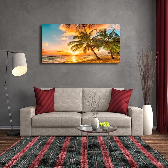 Beach Themed Wall Art Canvas Prints Seascape Picture Bathroom Décor Ocean Tree Sunset Paintings for Living Room Bedroom Office Home Kitchen Decorations 28x57 Wooden Framed Natural Landscape Artwork
