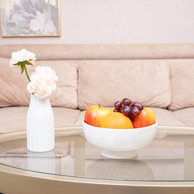 PEMAR 8" Lacquer Bamboo Fruit Bowl for Kitchen Counter, Handmade Large Decorative Pedestal Bowl for Entryway Table Home Decor, Key Bread Candy Snacks Organizer (White Cream)