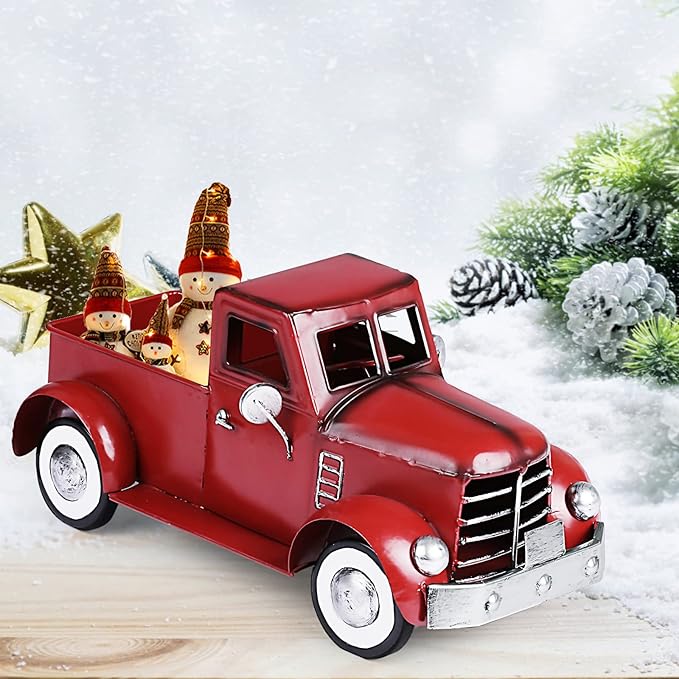 Red Truck Farmhouse Table Decor, Farm Metal Car Trucks Basket for Indoor and Outdoor, Vintage Pick-up Desktop Storage, Decorative Home Christmas Decorations
