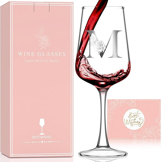 Monogrammed Wine Glass Gifts for Women - Personalized A-Z Wine Glasses with Gift Box & Greeting Card | Custom Mothers day, Anniversary, Birthday Gifts for Her, Mom, Wife, Best Friend, Sister,Woman (M)