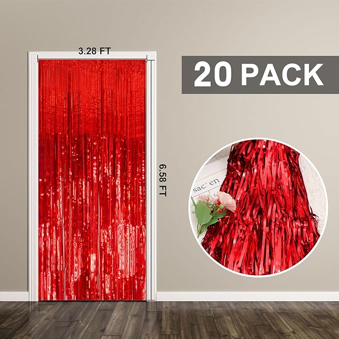 20 Pack Foil Curtain Backdrop Red Metallic Tinsel Foil Fringe Curtains Photo Booth Props for Birthday Wedding Engagement Baby Shower Bachelorette Christmas Holiday Celebration Party Decorations