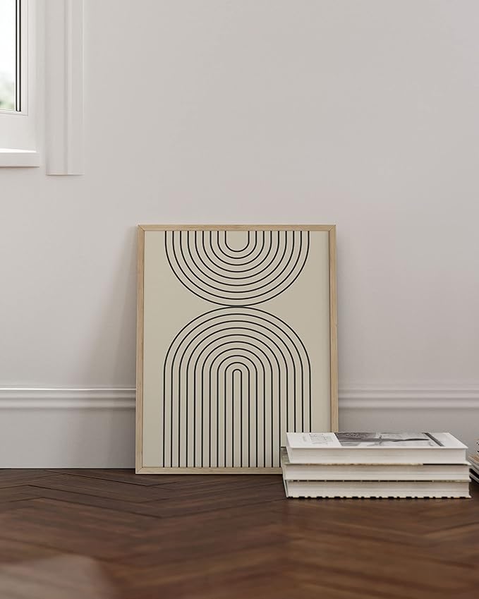 HAUS AND HUES Neutral Wall Art Prints for Wall Decor - Boho Art Wall Prints Mid Century Modern Decor Line Art and Geometric Wall Decor Black Semi Circles Reflected (16x20 Framed Beige)