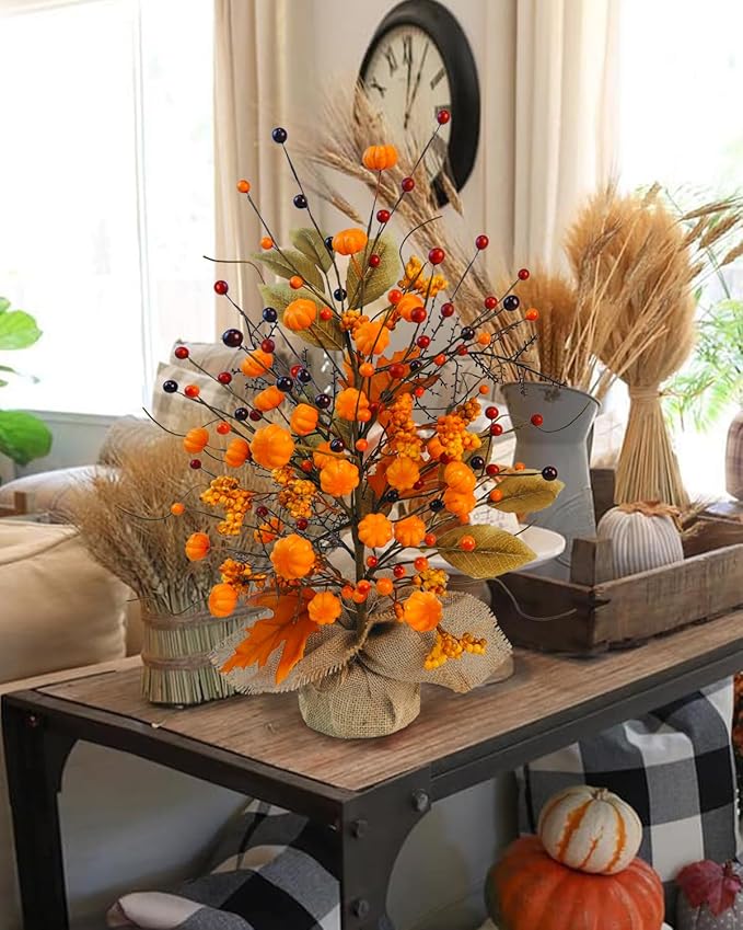 2 Pcs Fall Table Centerpieces Tree, Faux Fall Tree Artificial Fall Tabletop Tree Pumpkin and Maple Leaf Berry with Burlap Base Fall Decorations for Autumn Thanksgiving Party Home Office