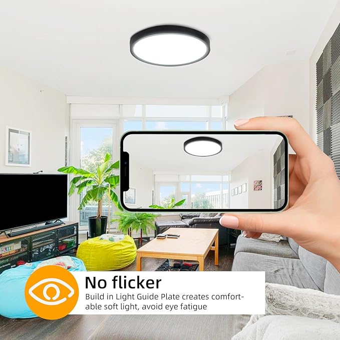 Hlite 6pack 12 inch Flush Mount LED Ceiling Light Fixtures, 24W 2400LM Super Slim, 3CCT Selectable (3000K/4000K/5000K), for Kitchen, Bedroom (Black)