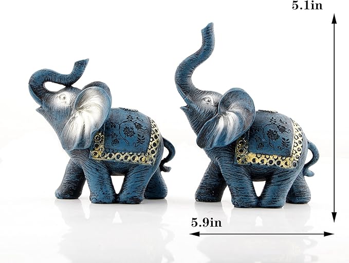 Blue Thai Couple Elephants Figurines Statues Elephant with Trunk Up Gifts for Desktop Decoration Home Crafts Ornament
