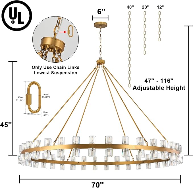 70 Inch Gold Wagon Wheel Chandelier with Crystal Shade, 72 Lights, Modern Farmhouse Style, Ideal for Dining Room, Kitchen, Entryways