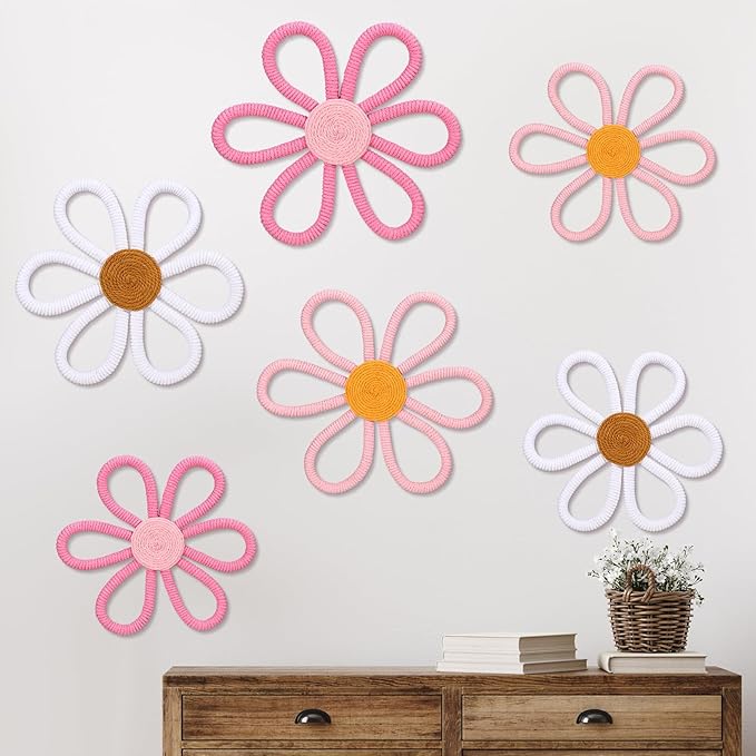 Barydat 6 Pcs Boho Nursery Decor Daisy Flower Woven Macrame Wall Hanging 3 Size Daisy Flower Wall Decor Bohemian Nursery Decorations for Home Dorm Art(Cute Color)
