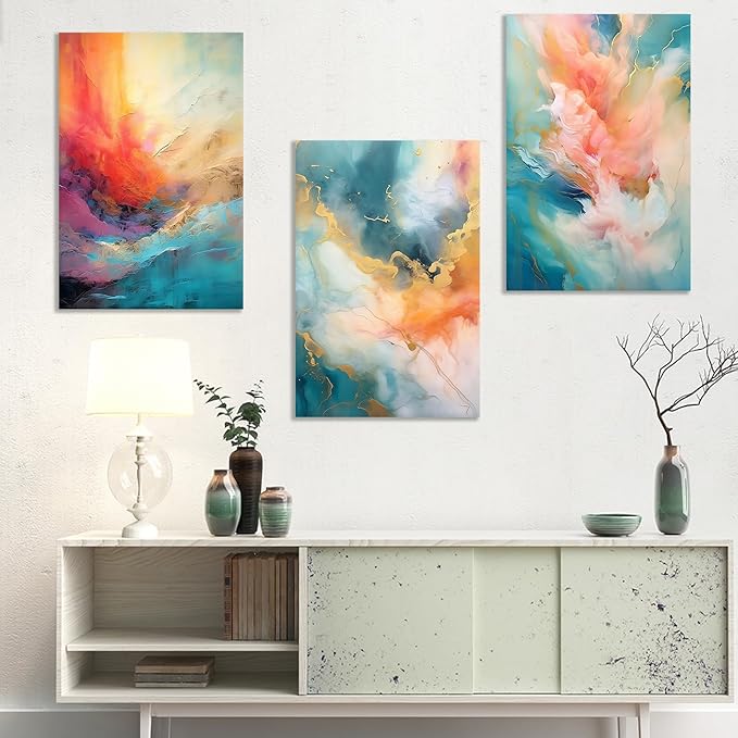 Abstract Posters Canvas Wall Art Home Decor 3 Pieces Colorful Pictures Print Rendering Painting Artwork for Modern Home Living Room Office Hotel Wall Decoration Stretched and Framed [48''Wx24''H]