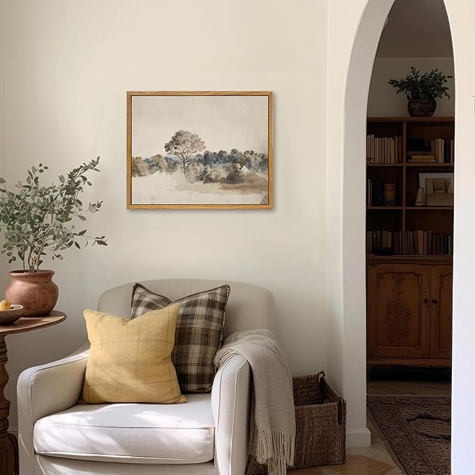 KBKBART Framed Vintage Neutral Wall Art Prints, Antique Rustic Muted Landscape Canvas Painting, Retro Countryside Nature Wilderness Illustrations Farmhouse Decor, Neutral Vintage Decor Ready To Hang