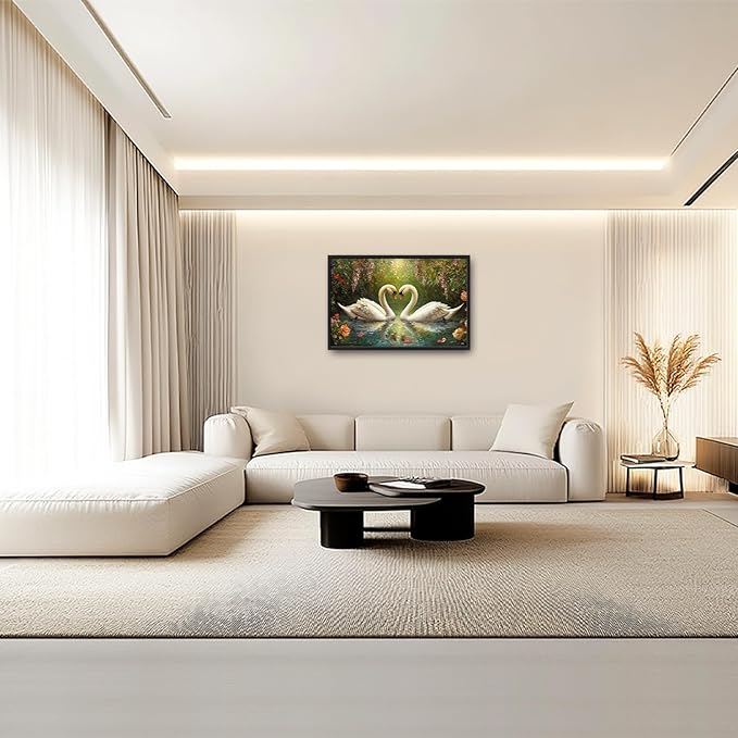 Swans Framed Wall Art for Living Room, Large Lake Loving Swans Canvas Wall Decor, Country Animal Pictures Painting, Natural Landscape Modern Artwork for Bathroom Bedroom 36L'' × 24W''