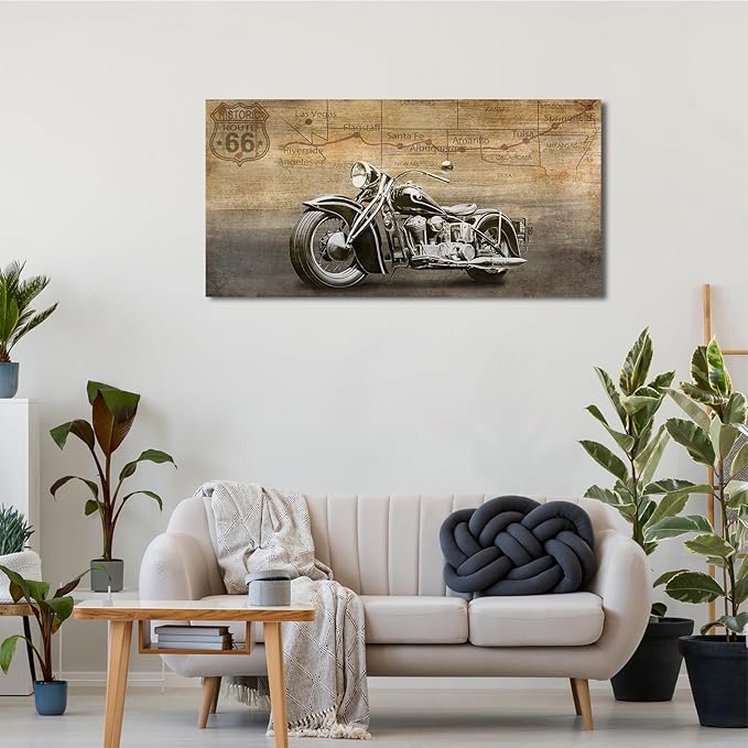 arteWOODS Vintage Motorcycle Canvas Wall Art - Historic Route 66 Retro Vehicle Pictures for Men Boys Bedroom Wall Decor Modern Motorcross Canvas Print Artwork Home Office Wall Decoration 20" x 40"