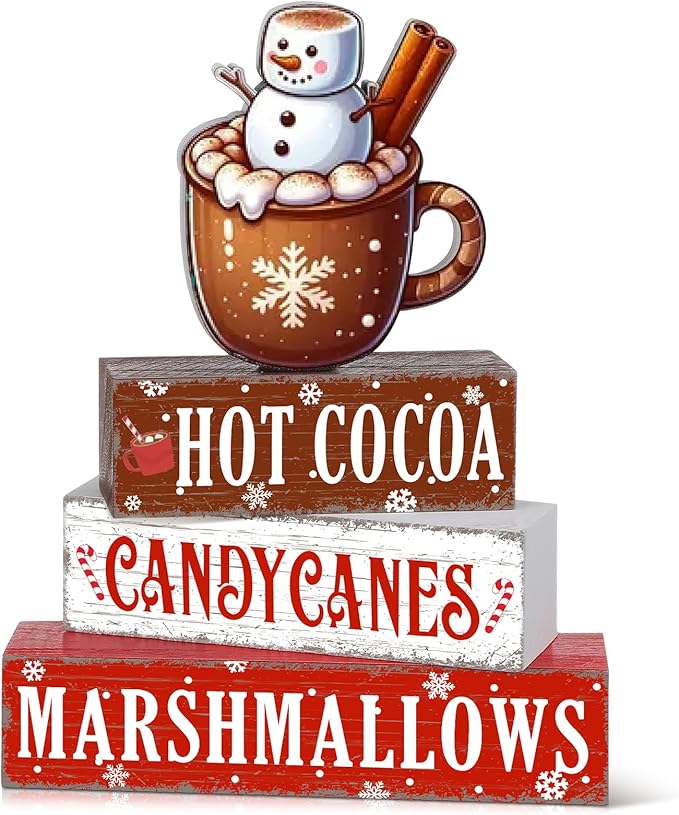 Geelin 4 Pieces Christmas Hot Cocoa Wooden Table Decorations Xmas Hot Cocoa Wooden Signs Rustic Marshmallow Tiered Tray Decor Tabletop Centerpieces for Home Desk Room Kitchen Shelf