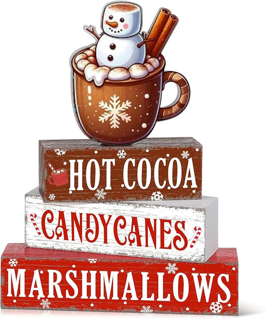 Geelin 4 Pieces Christmas Hot Cocoa Wooden Table Decorations Xmas Hot Cocoa Wooden Signs Rustic Marshmallow Tiered Tray Decor Tabletop Centerpieces for Home Desk Room Kitchen Shelf