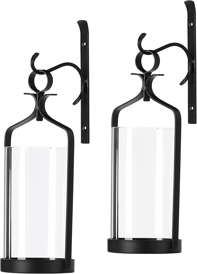 Hanging Hurricane Glass Wall Sconce Candle Holder Black Metal Wall Decorations Set of 2 HLJ15-291B2