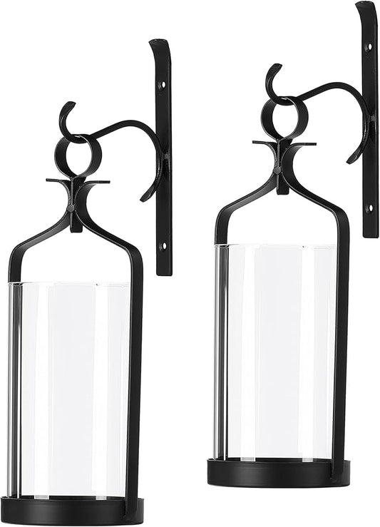 Hanging Hurricane Glass Wall Sconce Candle Holder Black Metal Wall Decorations Set of 2 HLJ15-291B2