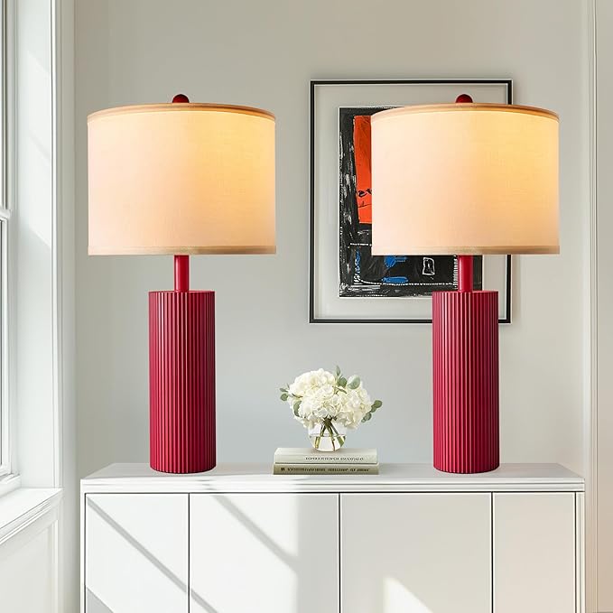 24.5" Red Touch Lamps Set of 2, Modern Living Room Table Lamps with USB C+A Ports, 2 Bulbs Included, Table Light Fixture for Nightstand, Creative Stripe Bedside Lighting