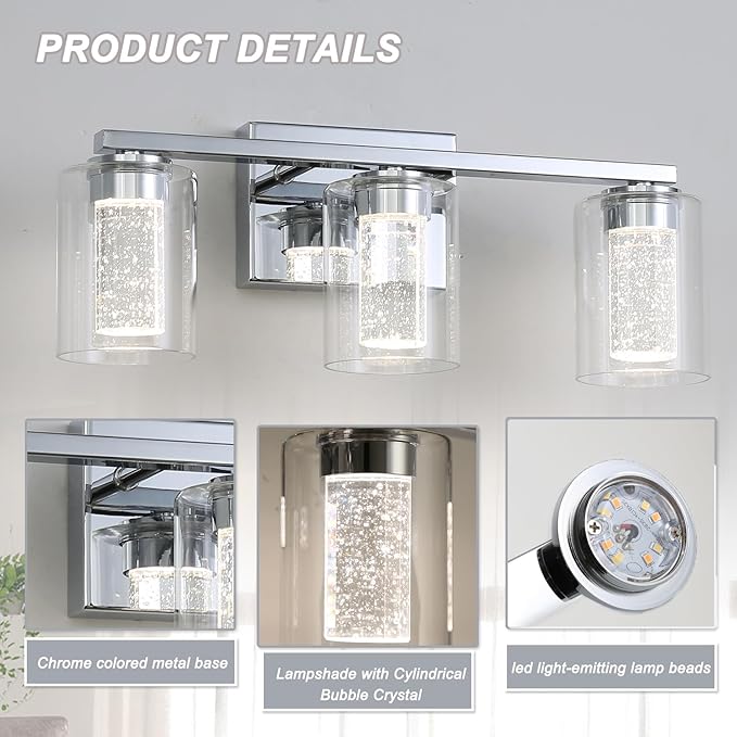 3 Light Chrome Bathroom Light Fixture, Dimmable 5CCT Chrome Bathroom Vanity Lights, 2700K-6500K Modern Crystal Bubble LED Wall Sconce Over Mirror with Clear Glass for Bedroom, Living Room