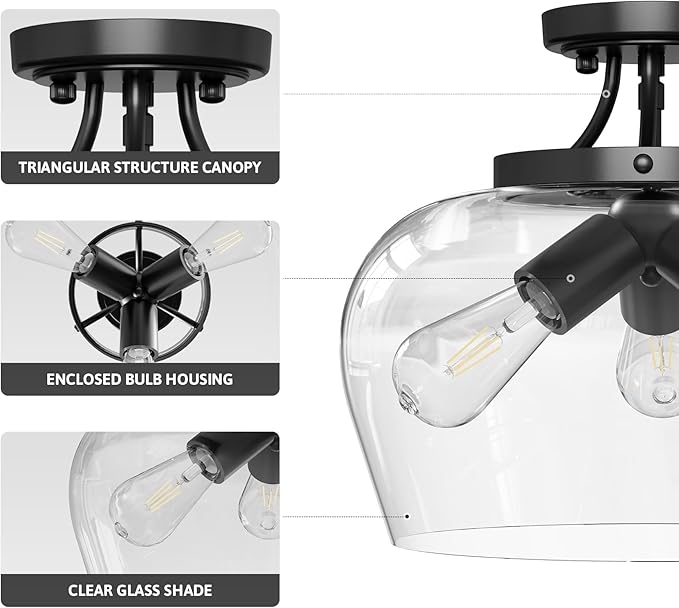 VONLUCE Semi Flush Mount Ceiling Light, 13.8" Ceiling Light Fixture with Clear Glass Shade, E26 Base, 3-Bulb Industrial Lighting Fixture for Dining Room Hallway Entryway Bedroom, Matte Black