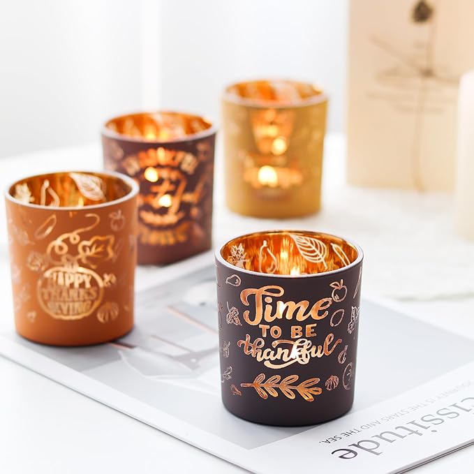 SHMILMH Glass Votive Candle Holders 4PCS Thanksgiving Tealight Candle Holders for Fall Table Centerpiece, Thanksgiving Decorations Indoor or Outdoor D閏or