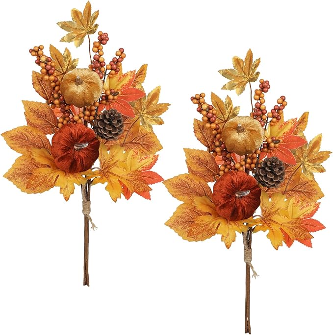 Briful 2Pack 16in Fall Picks and Sprays with Velvet Pumpkins Pinecones Berries Maple Leaves Artificial Fall Floral Branches Stems for Vases Autumn Table Centerpieces Seasonal Home Decor