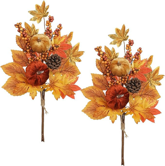 Briful 2Pack 16in Fall Picks and Sprays with Velvet Pumpkins Pinecones Berries Maple Leaves Artificial Fall Floral Branches Stems for Vases Autumn Table Centerpieces Seasonal Home Decor