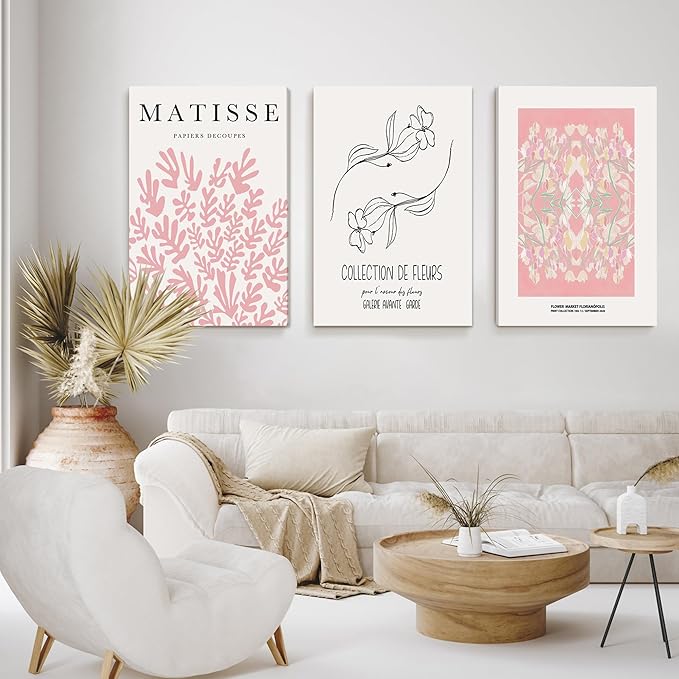 WRFON Pink Matisse Abstract Botanical Canvas Wall Art, Picasso Black Line Floral Poster Prints, Pink Flower Market Modern Elegant Aesthetic Pictures for Living Room Bedroom Framed 16"x24"x3