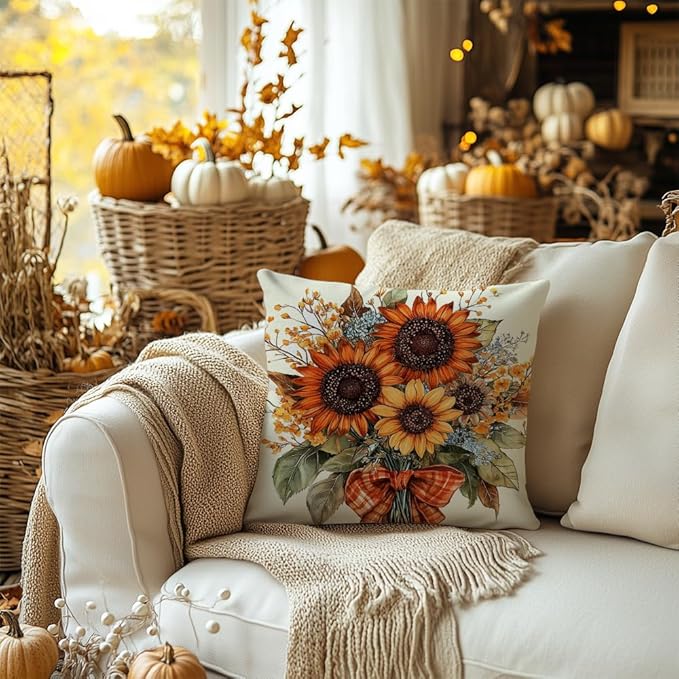 AACORS Fall Pillow Cover 16x16 Inch Sunflower Decor Floral Farmhouse Seasonal Pillow Case Decorations for Home Sofa Couch AA726-16