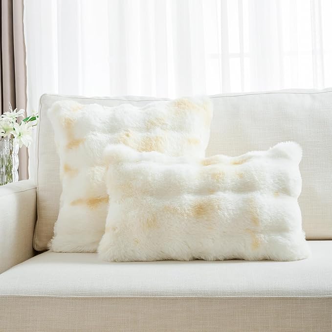 FUTEI Yellow White Decorative Throw Pillow Covers 12x20 Inch Set of 2,Soft Fuzzy Faux Rabbit Fur Pillow Case with Raised Texture,Neutral Boho Home Decor for Couch Bed Living Room